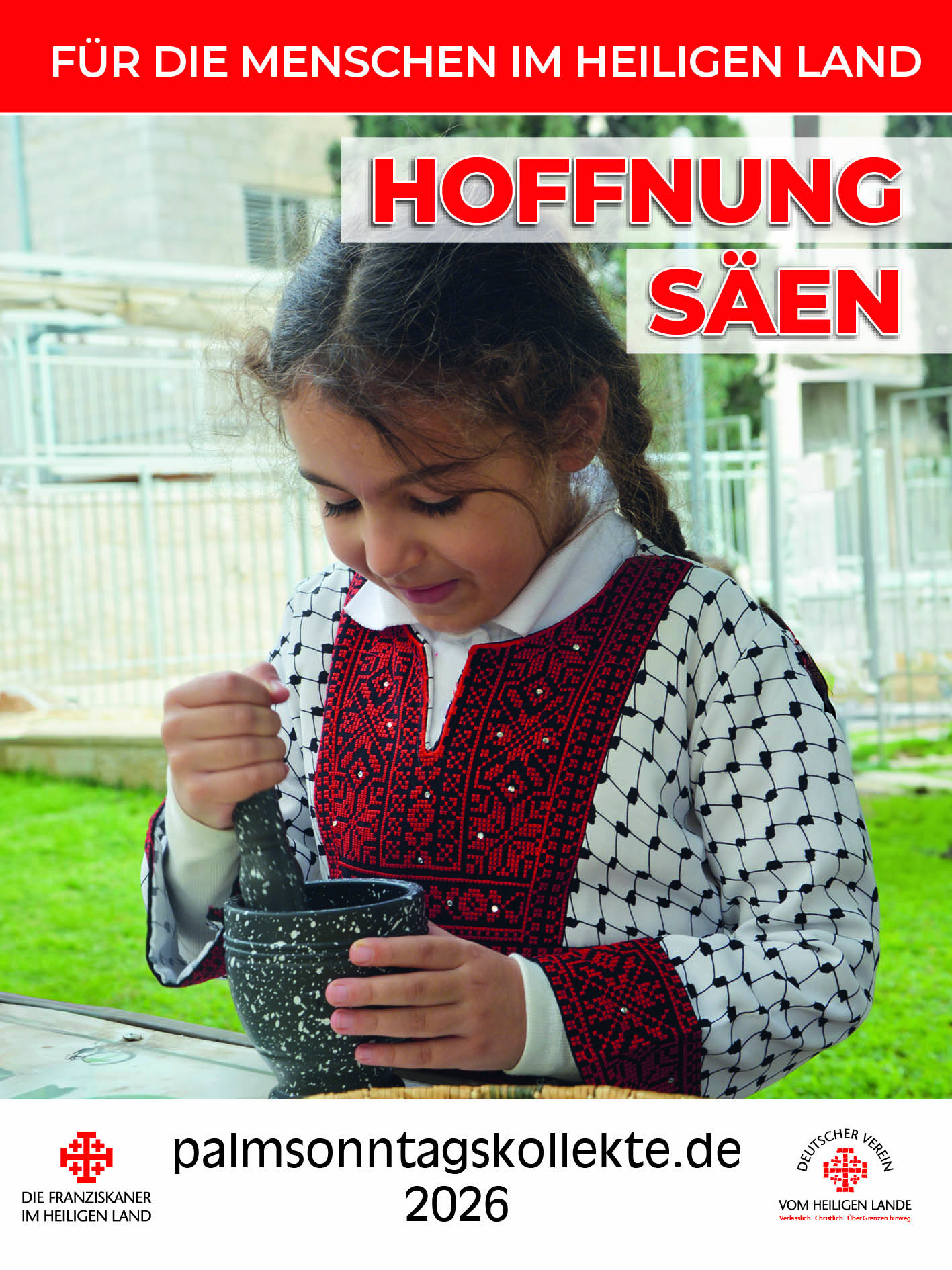 Das diesjährige Aktionsplakat zur Palmsonntagsaktion zeigt Menschen, die beim Jerusalem Interfaith March für Human Rights and Peace für ein gemeinsames Zusammenleben protestiert haben.