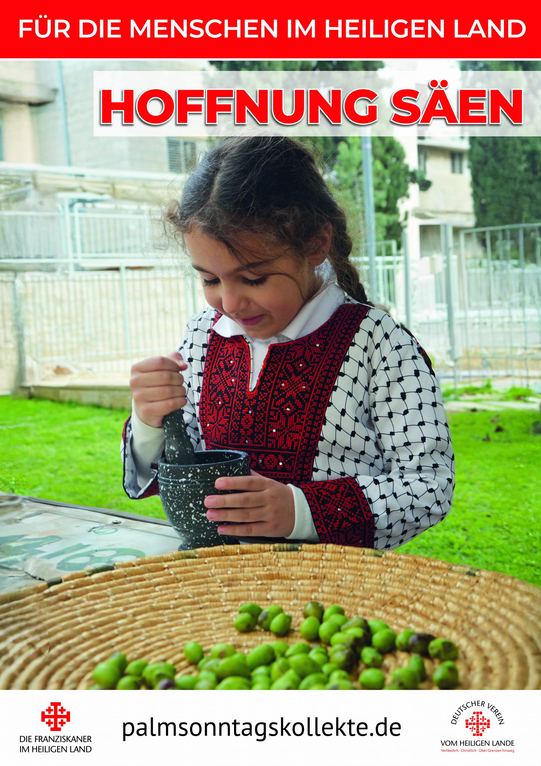 Das diesjährige Aktionsplakat zur Palmsonntagsaktion zeigt Menschen, die beim Jerusalem Interfaith March für Human Rights and Peace für ein gemeinsames Zusammenleben protestiert haben.