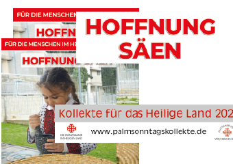 Das hochformatige Banner zeigt eine lächelnde Frau, die in Jerusalem einem lächelnden arabischen Mann eine Blume überreicht.